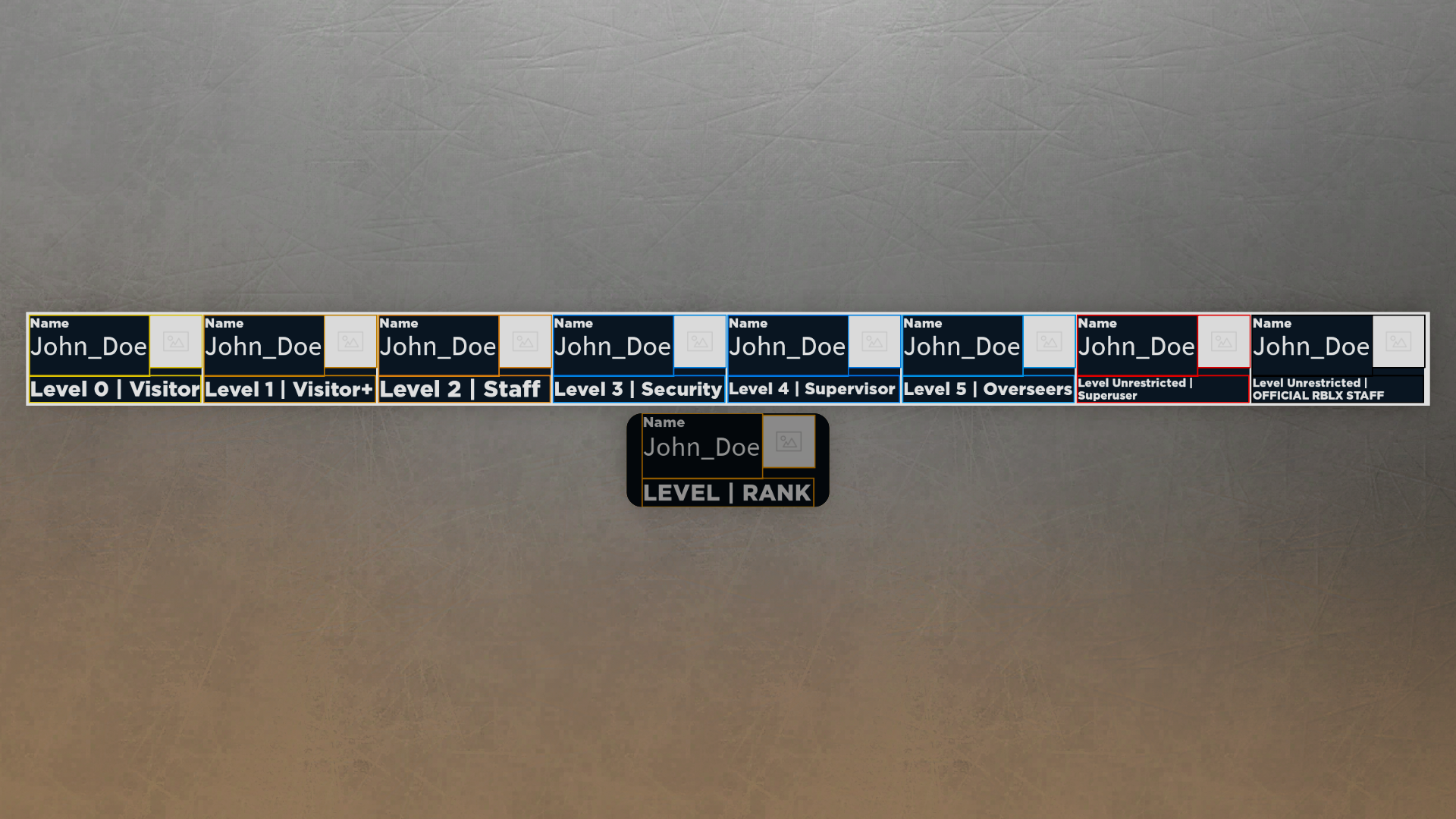 A row of id cards with different colors and security levels