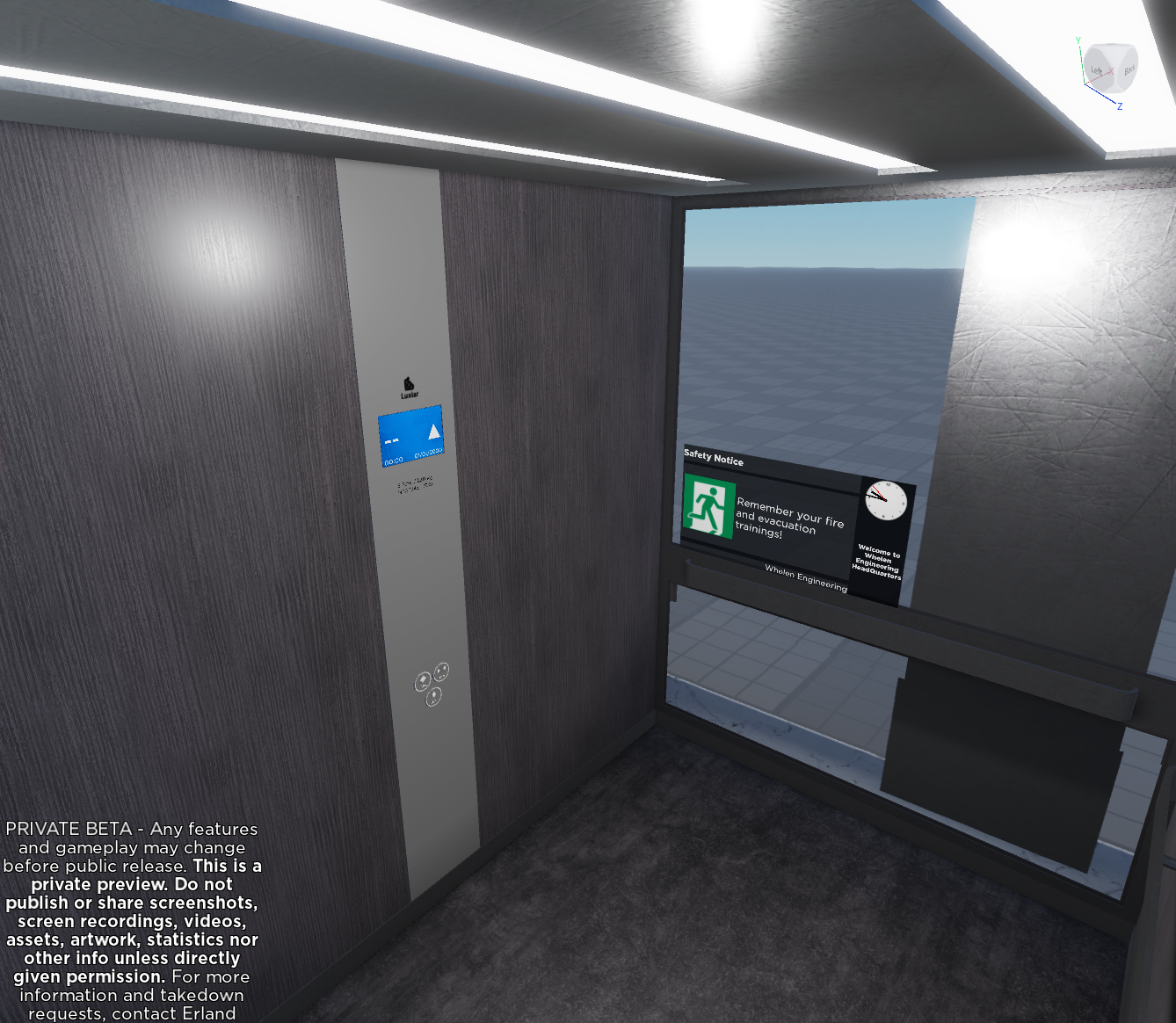 Interior of an modern elevator. The bottom left of the image has an copyright notice.