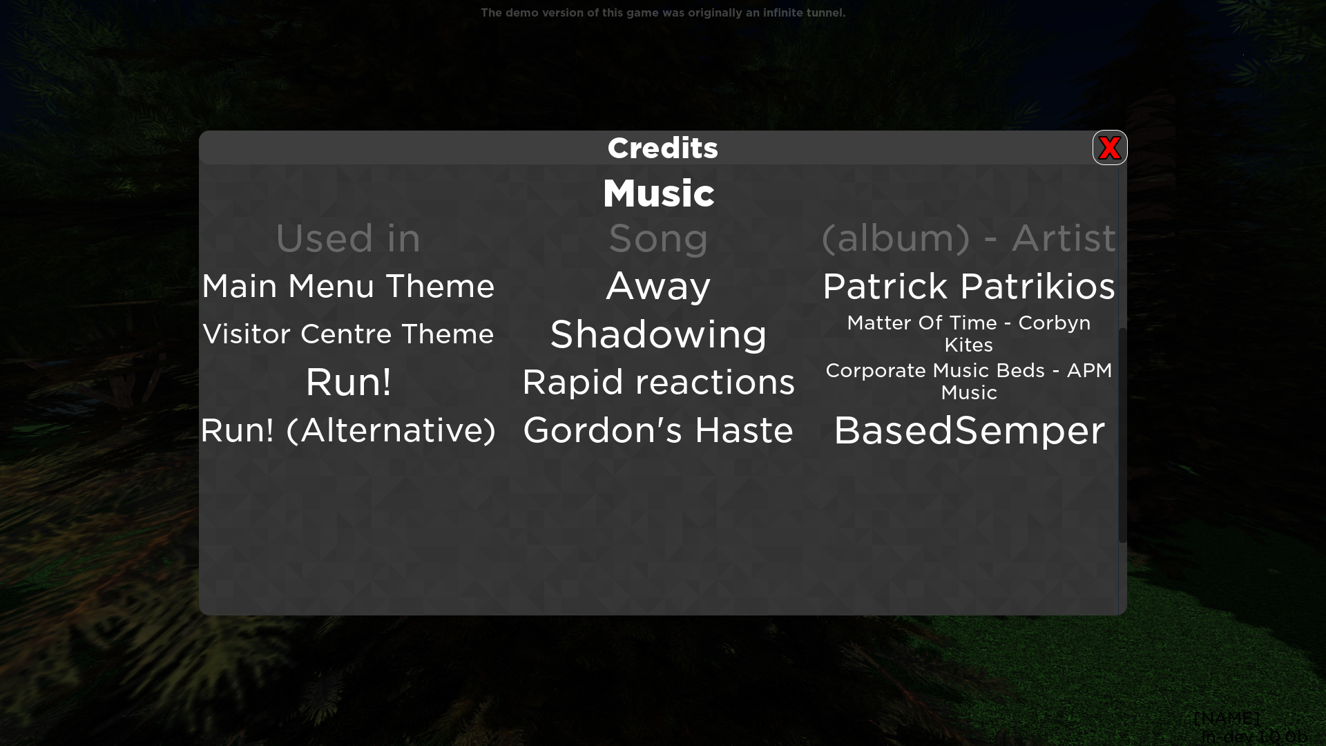 A computer window with credits to composers